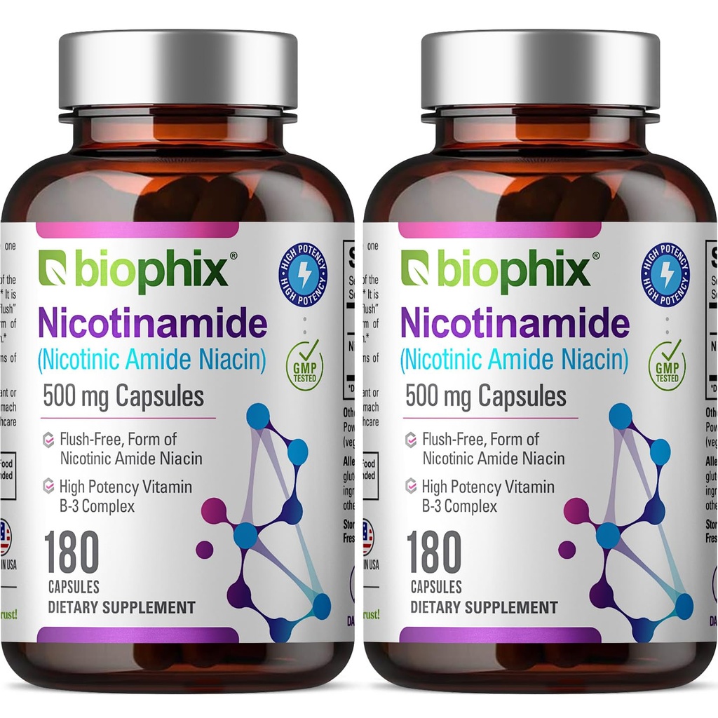 Biophix B-3 Nicotinamid 500 mg 180 Caps 2 Pack - Nicotinic Amide Niacin Natural Flush-Free Vitamin Formula - Destekler Skin Hücre Sağlığı