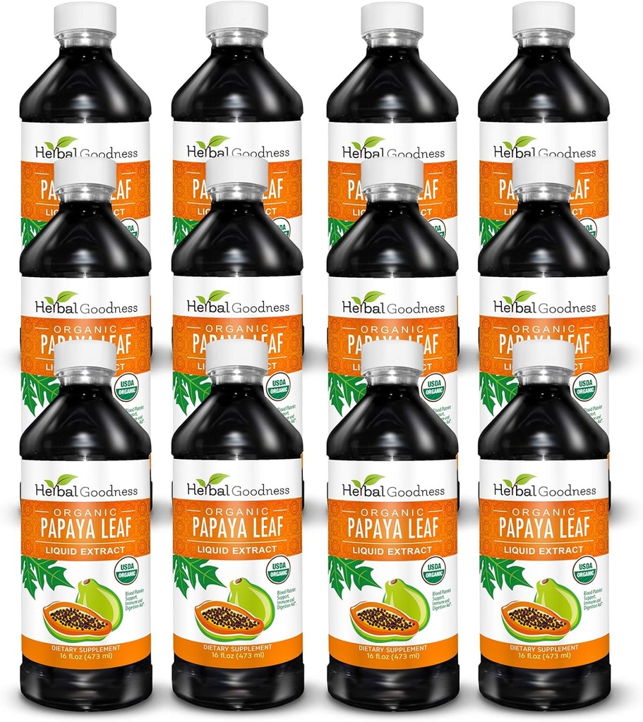 Papaya Leaf Extract Blood Platelet Support - 15X Strength - Natural Platelet ATM & Digestive Aid - Organik Sıvı Ekstraksiyon - 16oz Suyu - Case Qty (12) - Herbal Goodness