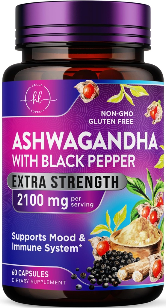 Ashwagandha 2,100 mg - Veggie Capsules'teki Kadınlar için Toz & Kök Üretimi, Siyah Pepper, Yüksek Absorpsiyon, Plant bazlı, ABD'de Şişelenmiş - 60 Veggie Capsules