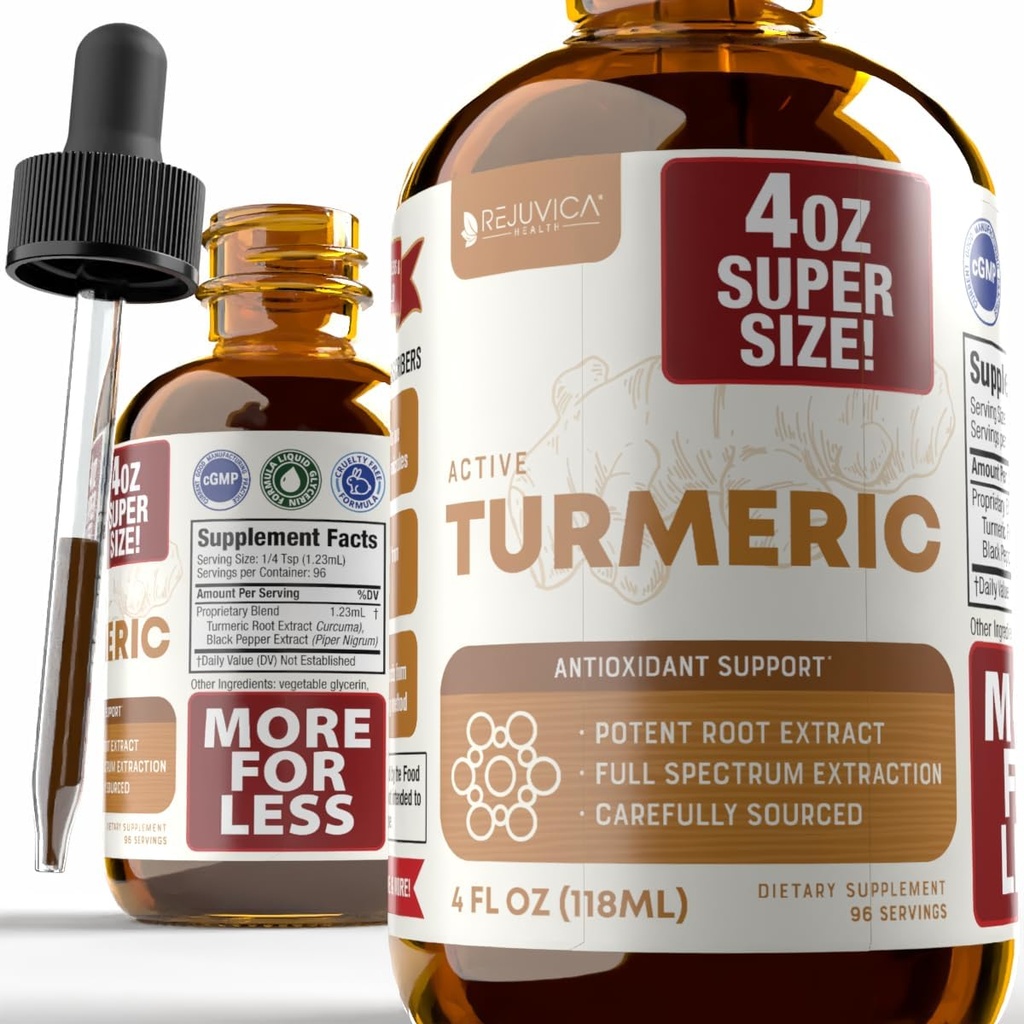 Rejuvica Health Active Turmeric 4oz XL Süper Boyut - Gelişmiş Sıvı Tamam Tincture - Curcuma Longa Extract Drops - Turmeric Roots Only - Natural Occurring Curcumininin