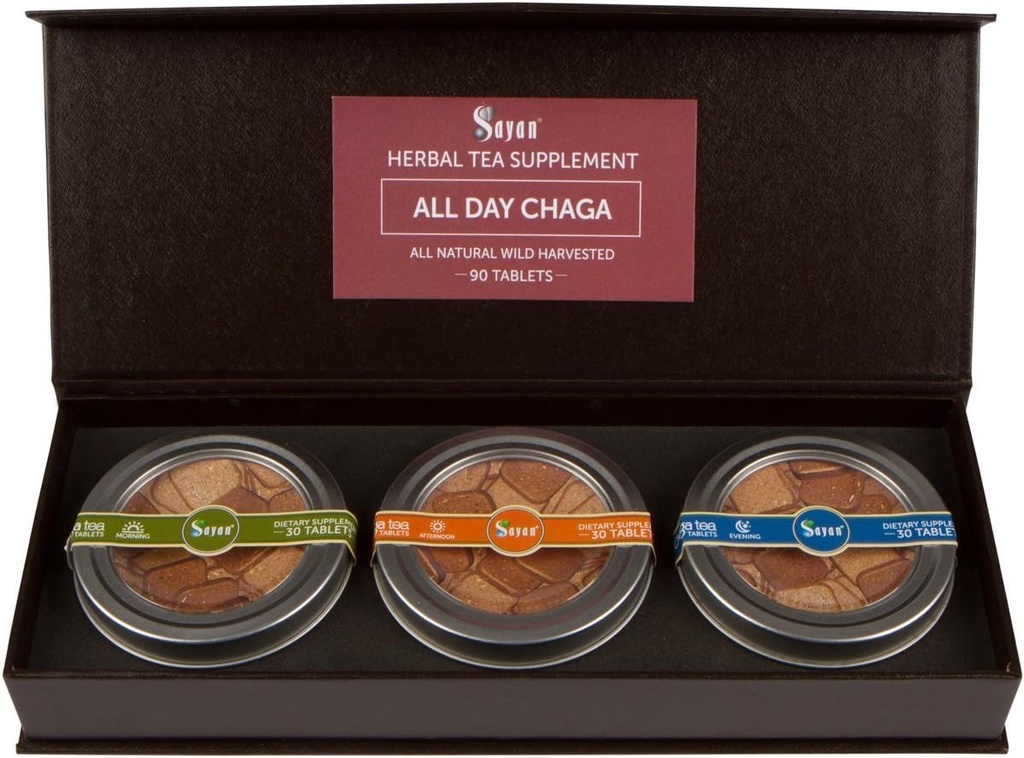 Sayan Sibirya All Day Set Instant Chaga Mushroom Tea, 3 Günlük Tabletlerin Paketi (90 Adet) - Wild-Harvested, Premium Mix - Natural Antioksi Tea for Immune support, Energy boost & Improv Digestion