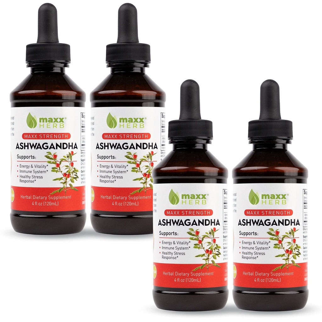 Maxx Herb Ashwagandha Extract – Max Strength Liquid Tincture Absorbs Better Than Capsules or Powder - for Stamina, Memory, and Immune Support – 4 Bottles, 4 Oz Each (240 Servings)
