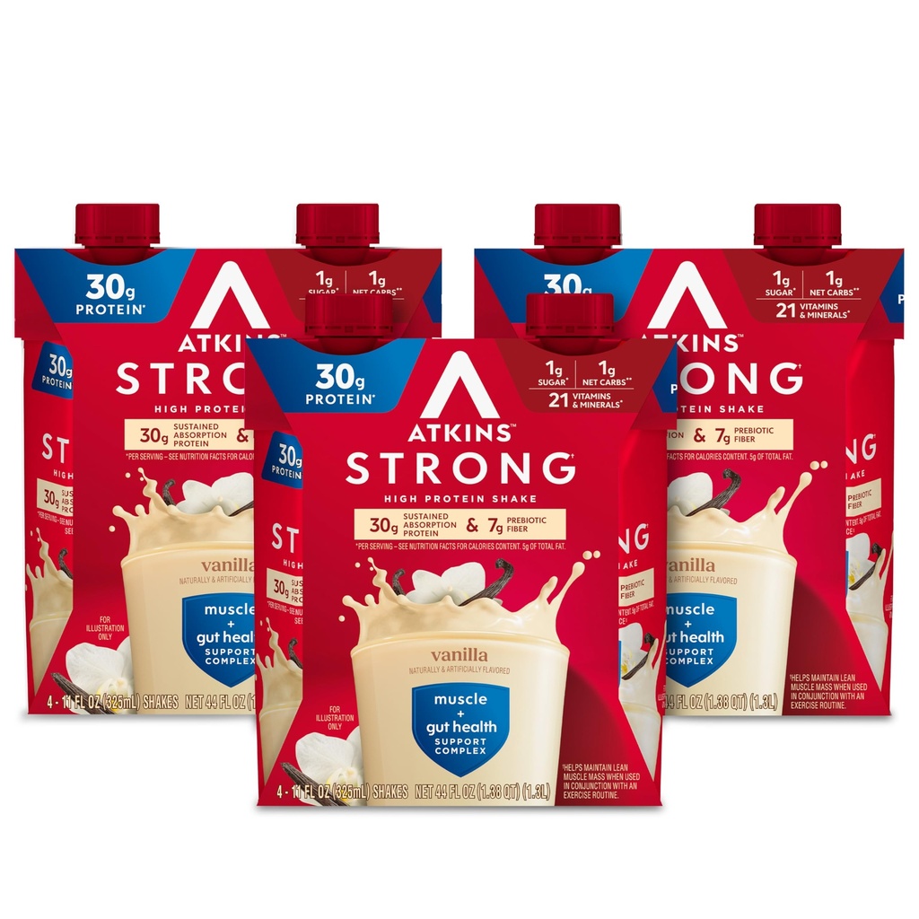 Atkins Güçlü Yüksek Protein Shake, Vanilla Flavored, 30g protein, Low Carb ve Low Sugar Shake, Keto Friendly, Gluten Free, Muscle and Gut Health Support Complex, 12 Count