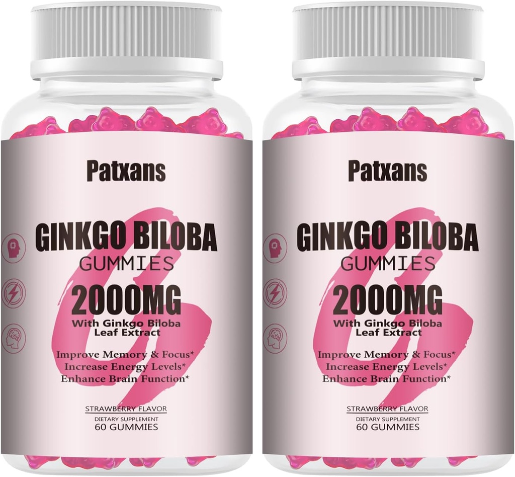 2 Packs 2000mg Ginkgo Biloba Gummies - Ginkgo Biloba Supplements for Brain Health Support, Improve Mood and Focus, Energy, Adult, Strawberry Flavor, 120 Count