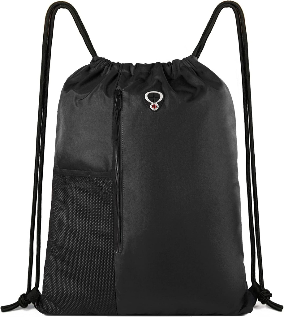 BeeGreen Black Drawstring Backpack Gym Bag For Men Women String Sports Backpack With Water Şişe Me Pockets And 2 Cooking Pocket Large Cinch Sackpack Workout Bag 16" x 20"