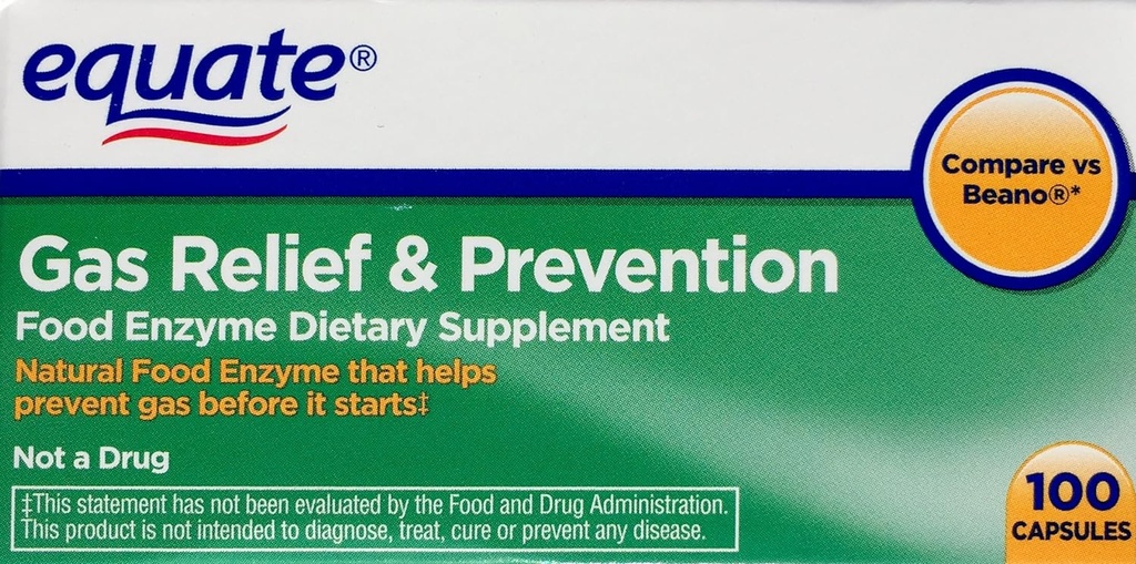 Equate Gas Relief & Prevention Food Enzyme Diyetary Supplement, 100ct, Beano ile karşılaştırıldığında