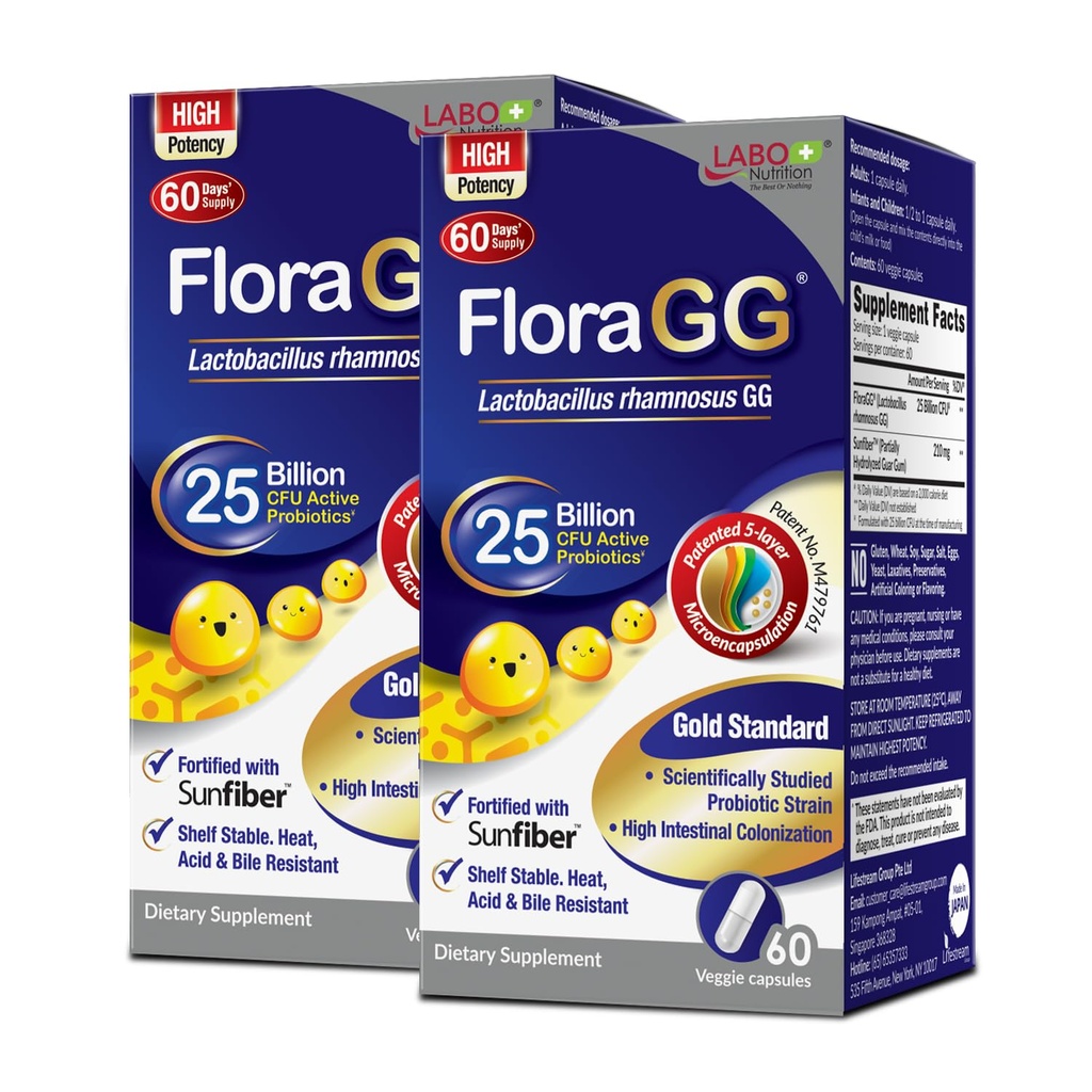 LABO Beslenme FloraG, Lactobacillus Rhamnosus GG 25 Milyar CFU Active Probiyotiks & Sunfiber Prebiyotik Fiber Supplement, Support Health Intestinal, Immune Health Gecikme & Gluten Free 60sx2
