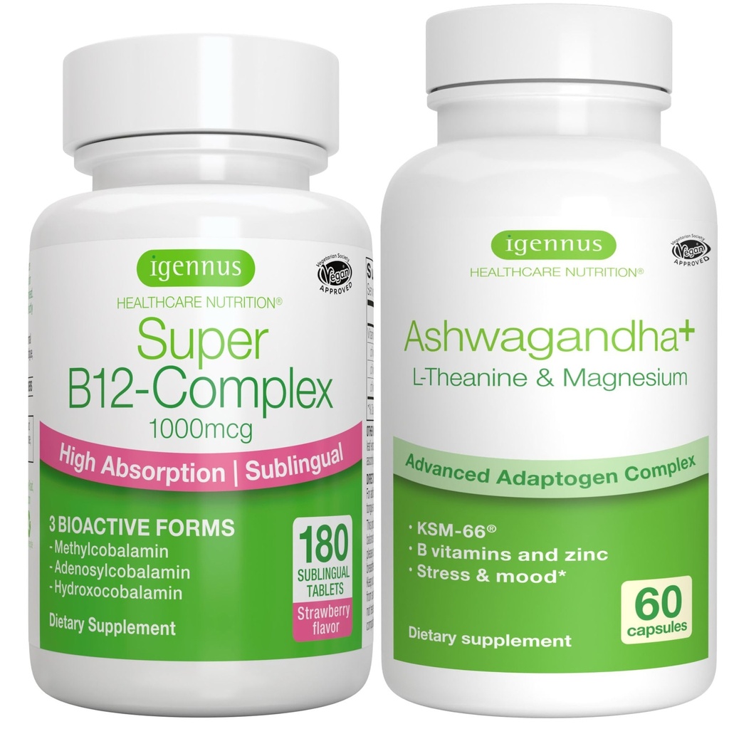 Super B12-Complex 1000 Live + Advanced Ashwagandha KSM-66, L-Theanine & Magnezyum Sche, High Abxia Sublingual Vitamin B12 + Multi Action Adaptogen Kompleksi, Igennus