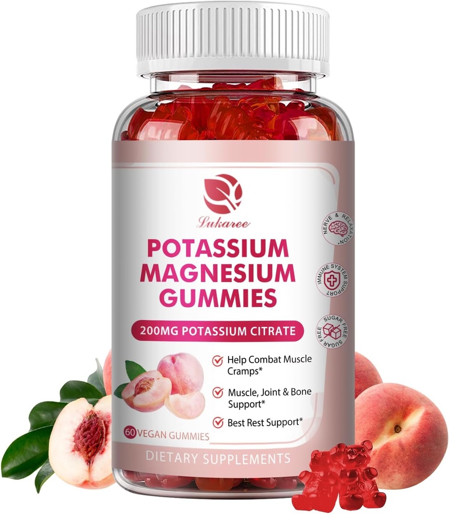 Potasyum Magnezyum Gummies - Yüksek Aborpsiyon Glycinate & Pyum Citrate 200 mg Plus Omega 3, B6, D3, K2 & Kalsiyum - Immunity & Energy - Peach Flavor - 60