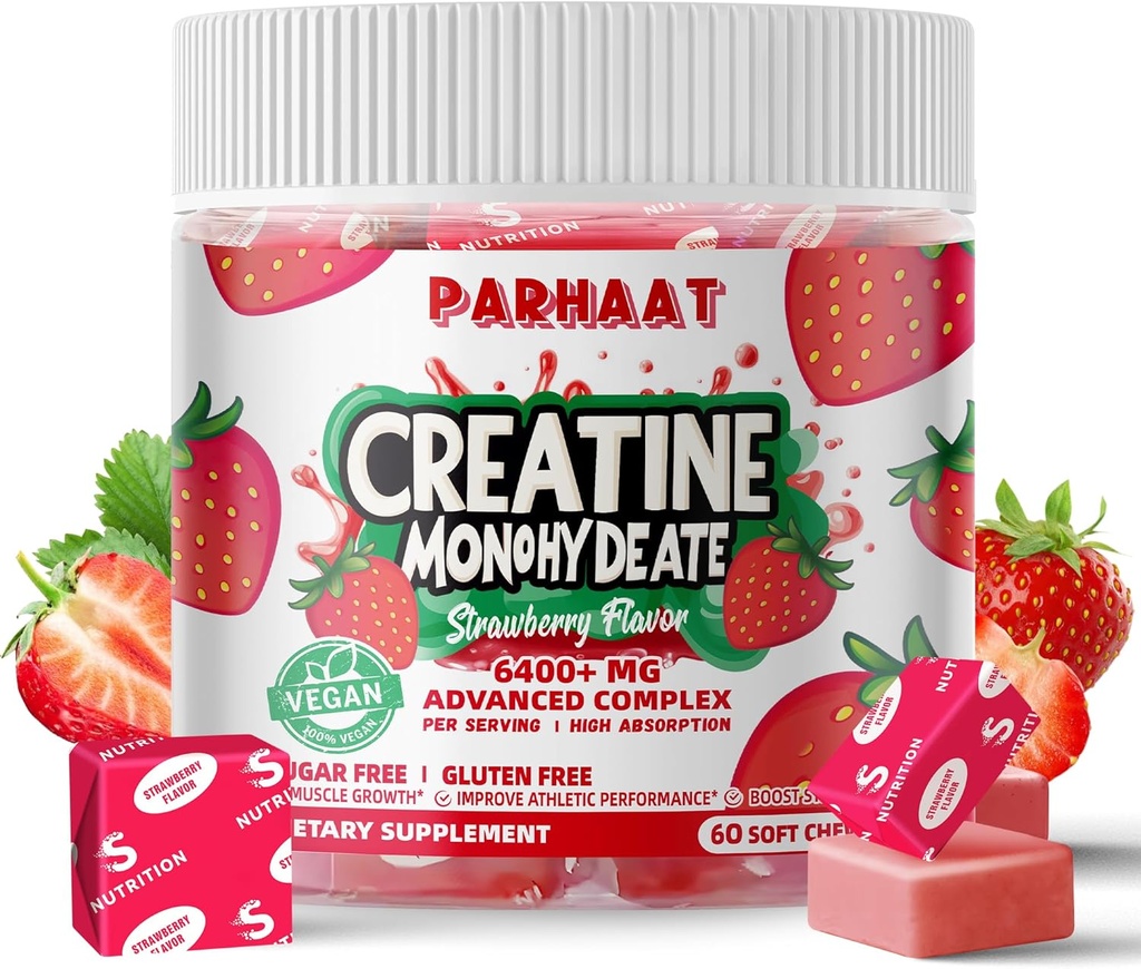 Cebrail Chews Kompleksi Erkekler ve Kadınlar için 6400 mg - İleri Formula W/L-Taurine + Vitamin B12, Sugar Free Chewable Supplement,60 Strawberry Softchews