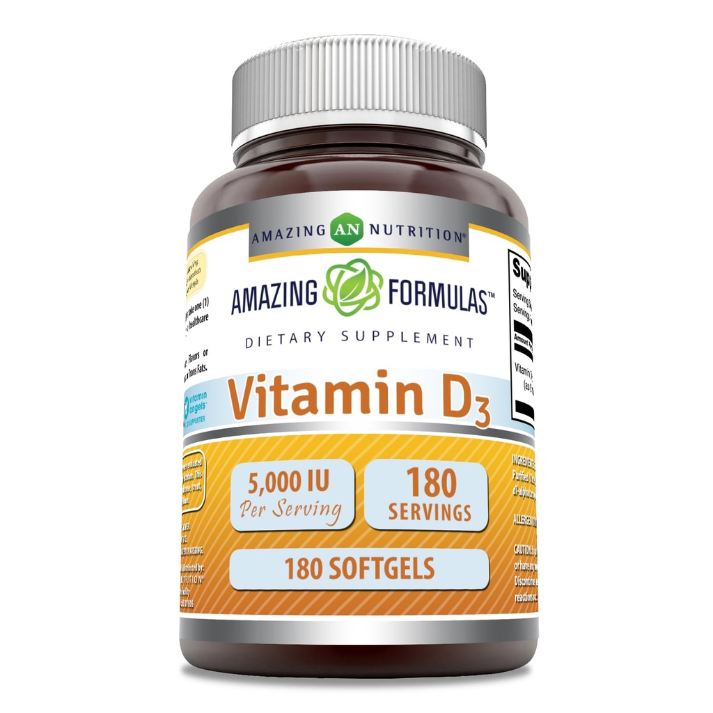 Amazing Formulas Vitamin D3 (Cloncalciferol) Supplement | 5000 I per Service | 180 Softgels | Non-GMO | Gluten-Free | Made in USA