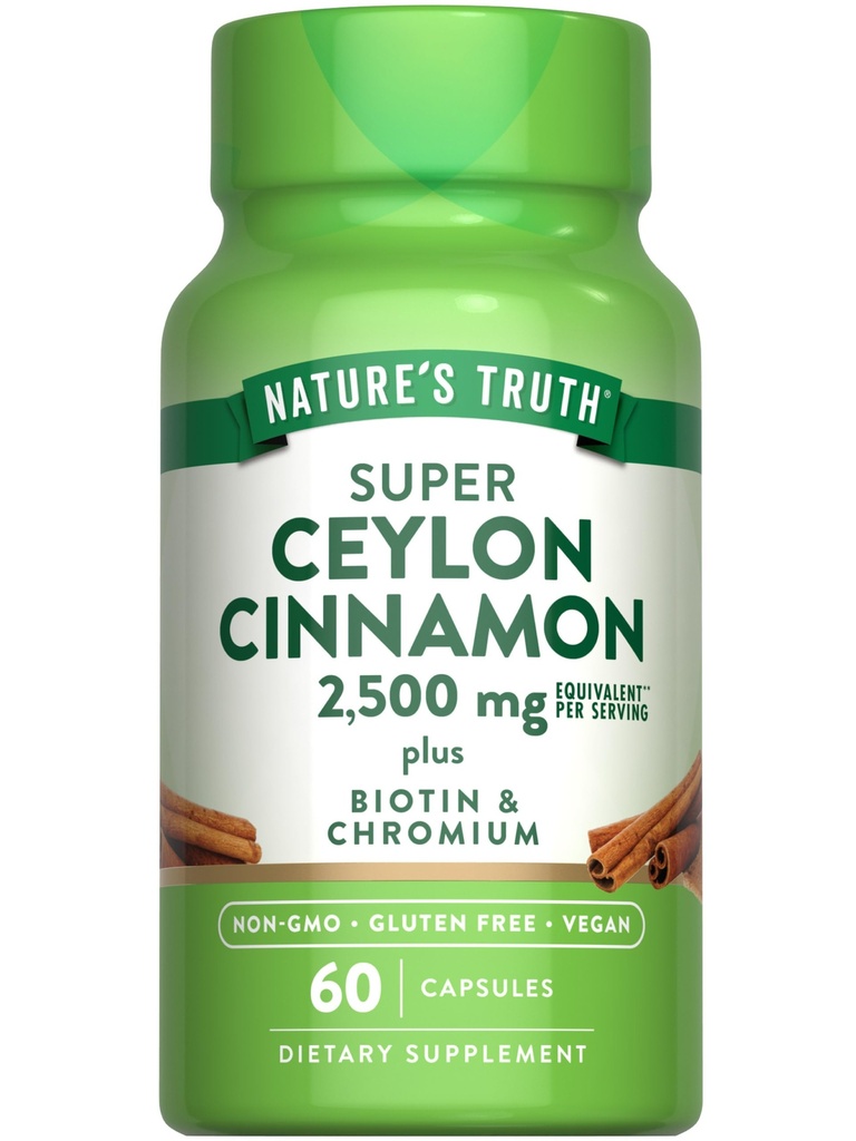 Nature's Truth Ceylon Cinnamon Capsules | 2500 mg | artı Chromium ve Biotin | 60 Kont | Vegan, Non-GMO & Gluten Free Supplement Supplement