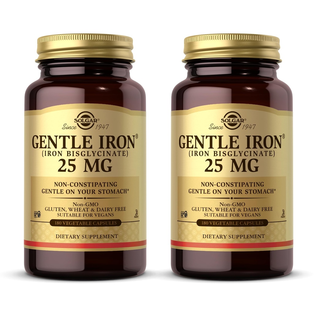 Solgar Gentle Iron (Iron Bisglycinate) 25 mg - 180 Sebze Capsules, Pack of 2 - Non-Constipating, Gentle on Your Stomach - Non-GMO, Gluten Free - 360 Total Services