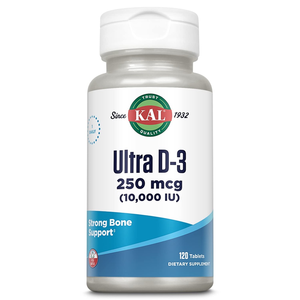 KAL Ultra Vitamin D3 10000 IU 250 mcg, Yüksek Potency Vitamin D Tabletleri, Kalsiyum Aborpsiyon, Bone Health ve Immune Support Supplement, Hızlı Disintegration D-3 ActivTabs, 120 Hizmet, 120 Tablet, 120 Tablet