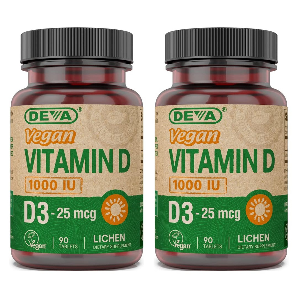 DEVA Vegan Vitamin D3 Tamam - 1000 IU ile Gün Tablet - Cholecalciferol - Lichen Plant Derived - 90 Küçük Tabletler, 2-Pack