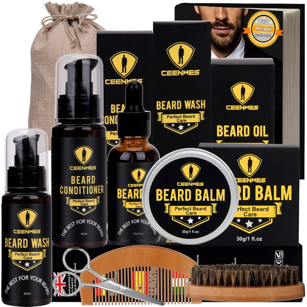 Ceenwessd Beard Grooming Kit - Durumer, Oil, Rotor, Comb, Balm, Scisors, Storage Bag for Beard and Mustache Trimming, Perfect Men's Gift