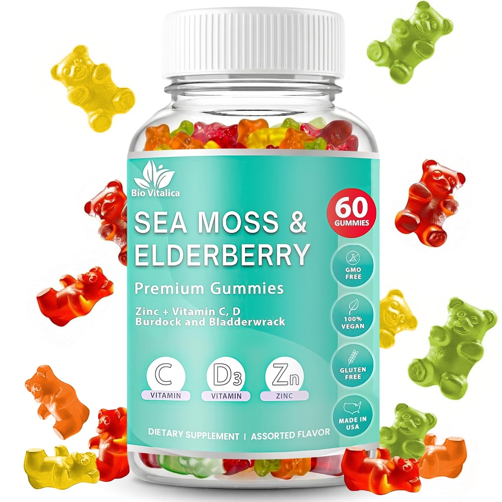 BIO VITALICA Deniz Moss Gummies Elderberry BioVitalica - C D + çinko - İrlandalı Seamoss Vegan Gummy with Sea Moss Gel & Toz for Immunity, Detox - Yetişkinler ve Çocuklar için