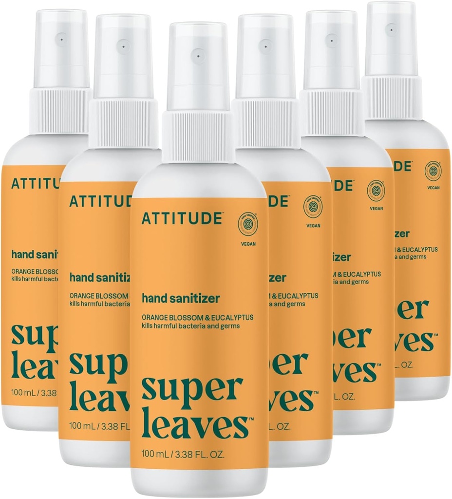 ATTITUDE Hand Sanitizer Spray, EWG Doğrulanmış, Kills Germs & Bakteri, Vegan & Plant-Based, Yetişkinler ve Çocuklar için Güvenli, Orange Blossom & Eucalyptus Scent, 3.38 Fl Oz (170 of 6) (Spray Şişe)