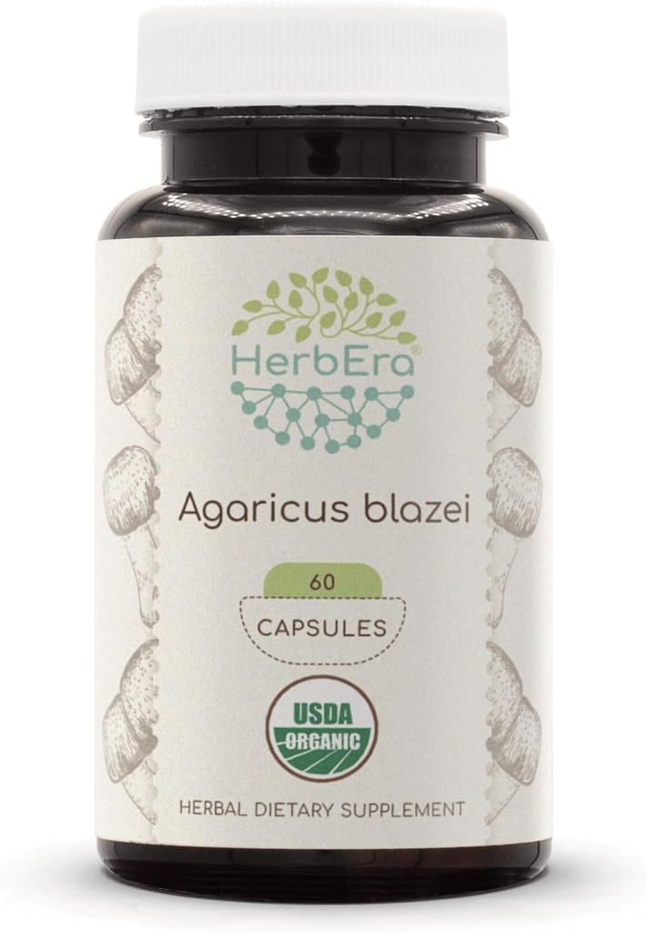 HerbEra Agaricus Blazei USDA Organik 60 Capsules | Natural Herbal Supplement | Sertifikalı Organik Vejetaryen Capsules ve Organik Agaricus Blazei (Agaricus blazei murill) kuru Mushroom (60 Capsules)