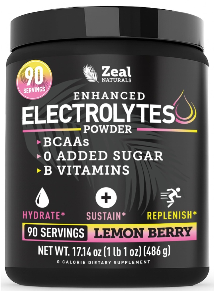 Zeal Electrolyte Toz - 90 Hizmetler | Keto Electrolytes Toz | Zero Sugar, BCAAs, B-Vitamins | Pyum, çinko, Magnezyum | Hydration Toz Recovery Drink | Lemon Berry