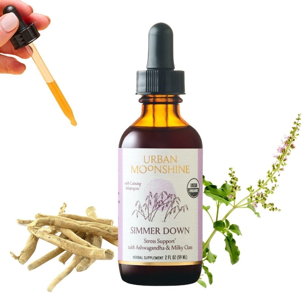 Urban Moonshine Simmer Down Tonic - Stres Desteği* Ashwagandha & Milky Oats - Soothes Nervousness & Irritability* - Mellow Mood* - Gluten Free Herbal Supplement - 2 Fl Oz