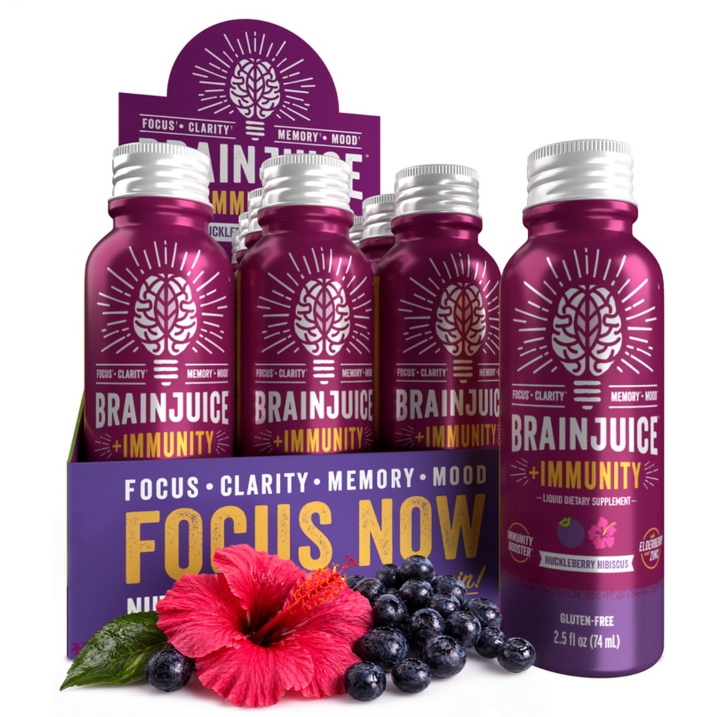 BeyinJuice Brain ve Immune Support Shot, Gluten Free Supplement Shots for Energy, Focus, Immunity with Vitamin D, C B, Alpha GPC & Organic Ginger Root, Huckleberry Hibiscus, 2.5 fl oz, 12 Pack