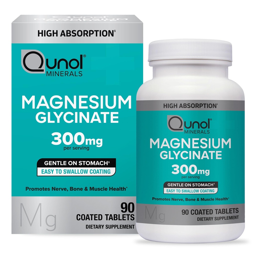 Qunol Magnezyum Glycinate 300 mg, 100% Glycinate Chelated Magnezyum Supplement, 90ct Tabletler