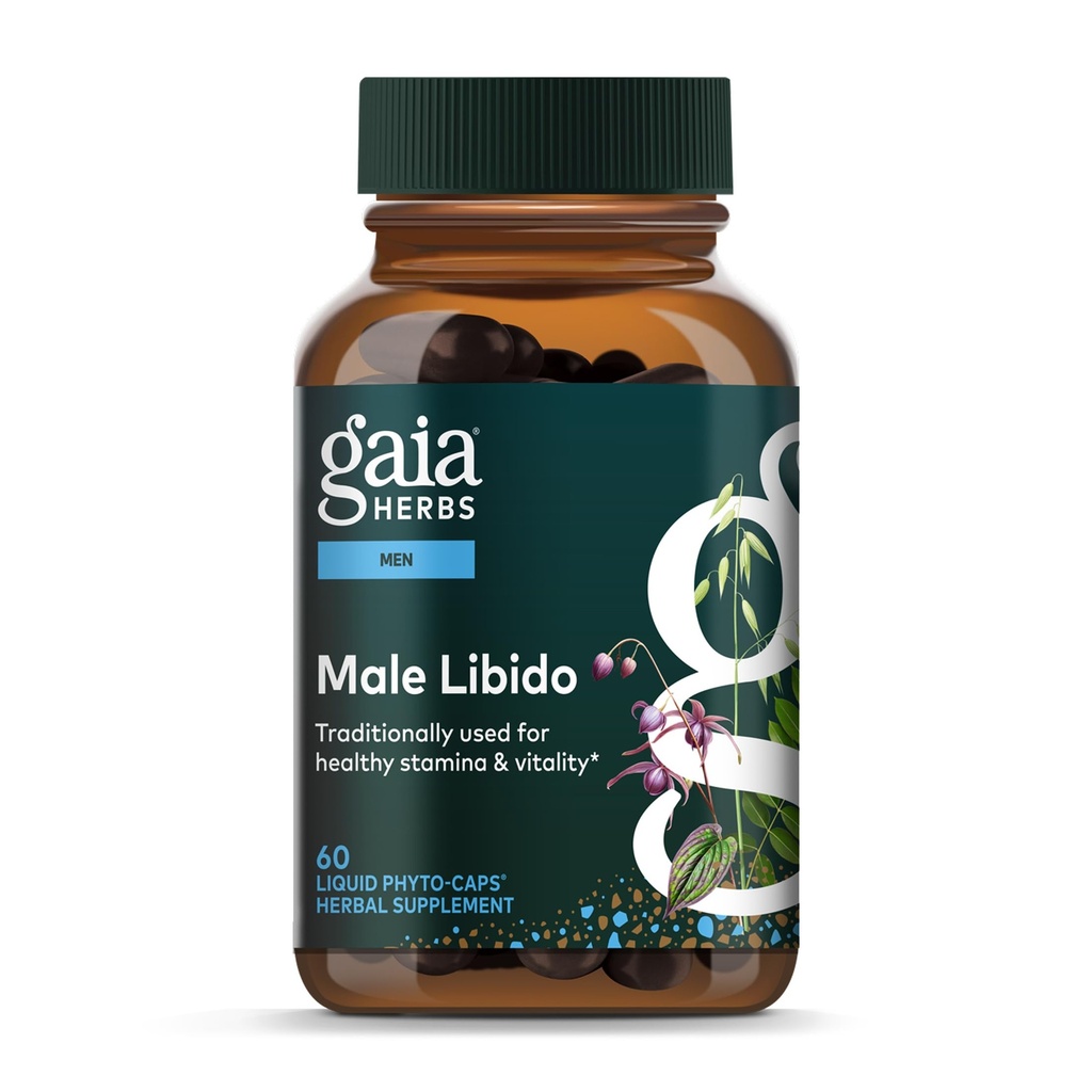 Gaia Herbs Male Libido - Herbal Supplement with Saw Palmetto, Horny Goat Weed, Maca & Oats - Supports Stamina, Vitality & Hormon Balance for Men - 60 Vegan Liquid Phyto-Capsules (20-Day Supply)