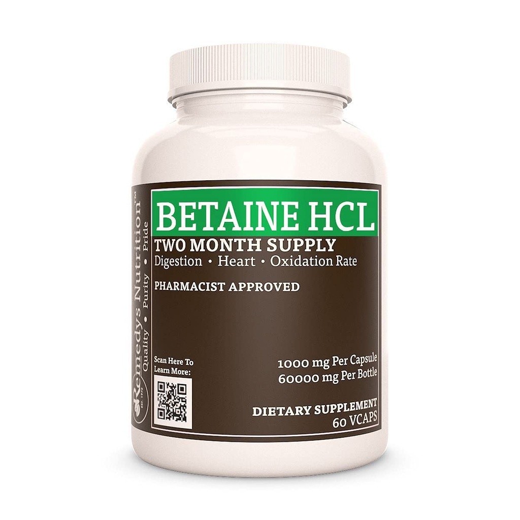 Remedy'nin Beslenme Betaine HCL (Hydrochloride) | 1000 mg, 60 Capsules Diyet Supplement | Two Moon Supply | Ayrıca Containsuba Carbonate, Papain & Bromelain