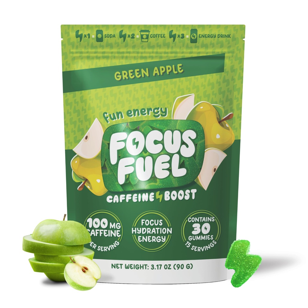 FocusFuel Enerji Chews – Green Apple Flavor (15 hizmet) – 100 mg Caffeine + B12, Magnezyum, Alpha GPC – Boost Focus & Energy – No Crash or Jitters