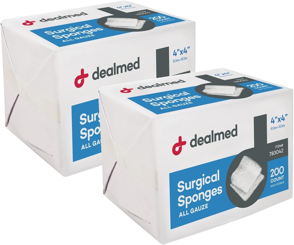 Dealmed 4" x 4" Cerrahi Sponges, 8Ply, Yara Bakımı için On-Woven Absorbent Gauze Sponges, First Aid Kits and Medical Olanaklar, 200 Count (Pack of 2)