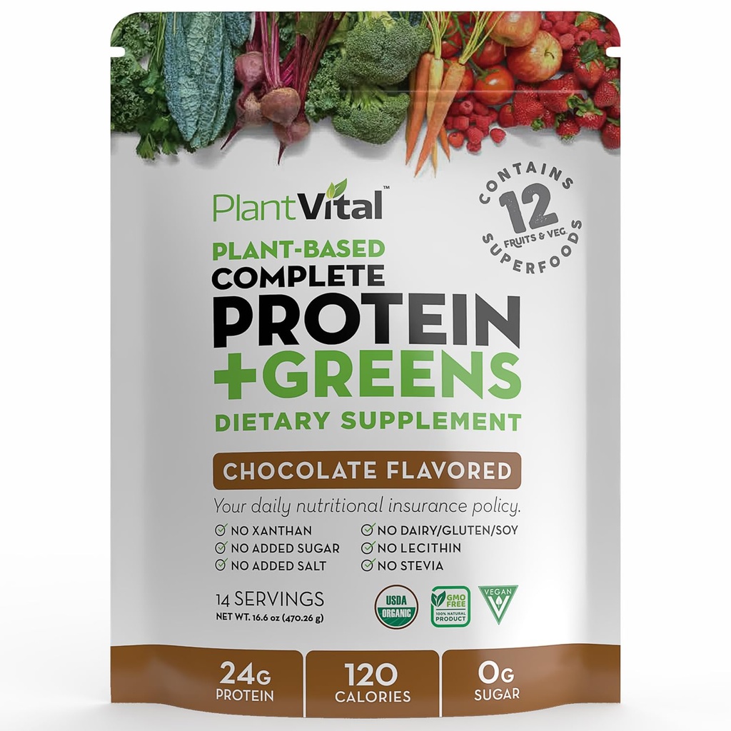 Plantvital Vegan Protein Toz Santrali Temel, Organik Protein Toz Çikolata 24g/0g Sugar, 12 Superfoods, Veggies, Probiyotikler, Raw Cocoa, Kale, Beets, Spirulina, Pea, Gluten-Free, Keto-Friendly,16oz
