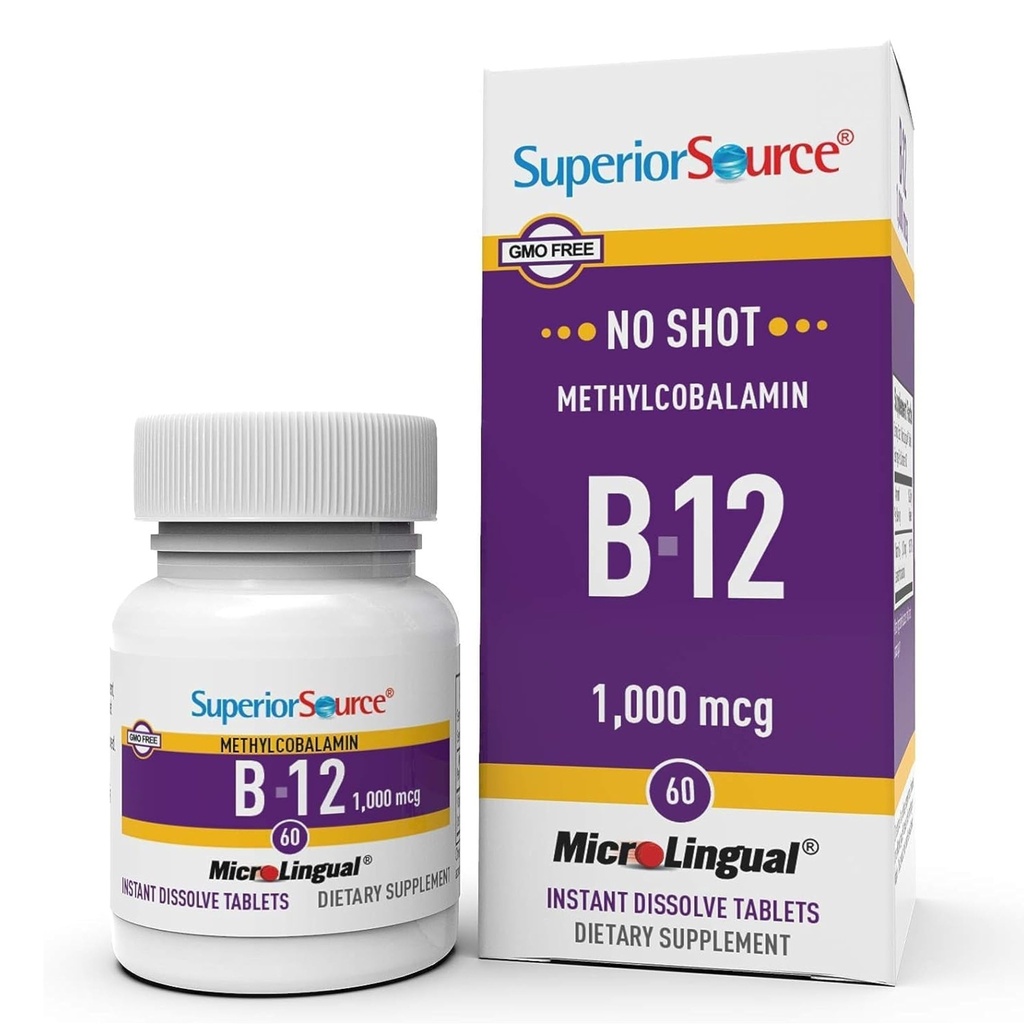 Üstün Kaynak No Shot Mecobalamin B-12 1000 mcg - Vitamin B-12 Enerji Üretimini Desteklemek için, Beyin Sağlığı ve Genel Wellness - Hızlı Absorpsiyon için Sublingual Tabletler - 60 Çözme Tabletleri