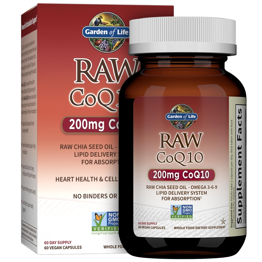 Garden of Life CoQ10 200mg, Vegetarian Omega 3 6 9 Supplement Raw Co Q 10 Chia Seed Oil, Whole Food Nutrition with Antioxidant Support, Coenzyme q10 Supplement for Heart Health, 60 Capsules