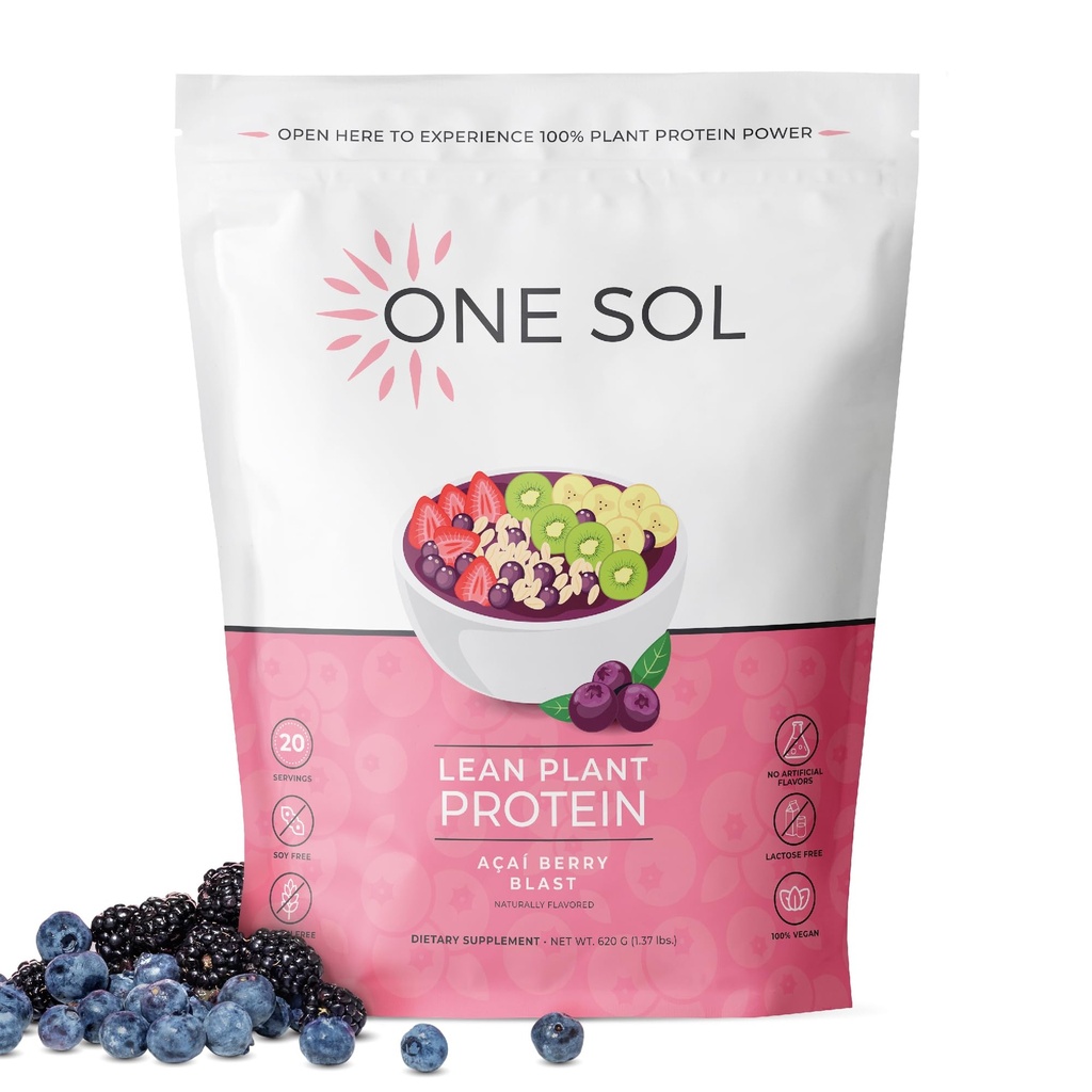 One Sol Lean Plant-Based Protein Toz, Pea & Brown Rice proteini, Low Carb, Vegan Dostu - Gluten, Lactose, & Soy Free - Ek Olmayan Şeker, Non-GMO, Temiz Beslenme, No Bloating (Acai Berry)