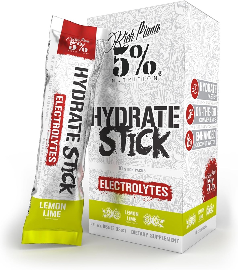 5% Nutrition Hydrate Stick Hydration Packets | Sport Electrolyte Powder Mix Packets with Coconut Water | 2-Pack | (Blueberry Lemonade + Lemon Lime)