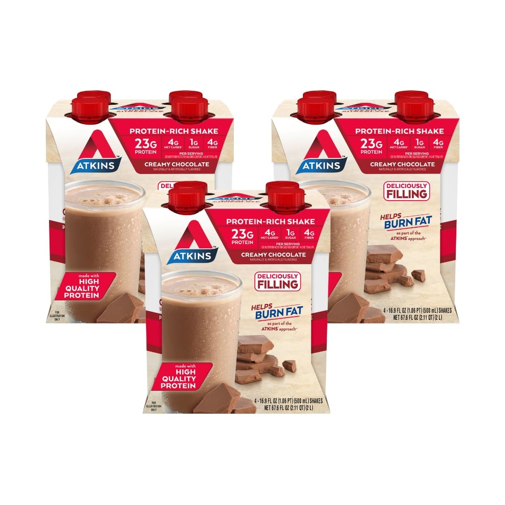 Atkins Creamy Chocolate Meal Boyut Protein Shake, 23g protein, Low Glycemic, 4g Net Carb, 1g Sugar, Keto Friendly, 12 Count