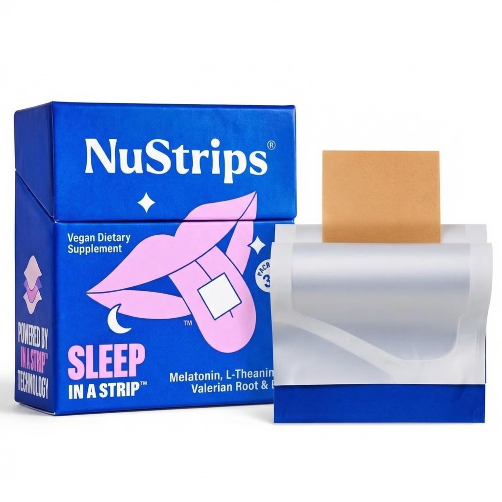 NuStripsTM Fast-Dis deploy Sleep Strips with 5 mg Melatonin, Valerian Root, L-Theanine & Vitamin B6 – Blueberry Flavor - Natural Sleep Aid, Vegan, Non-GMO, Gluten Free - Fall Asleep Fast (30 Strips)