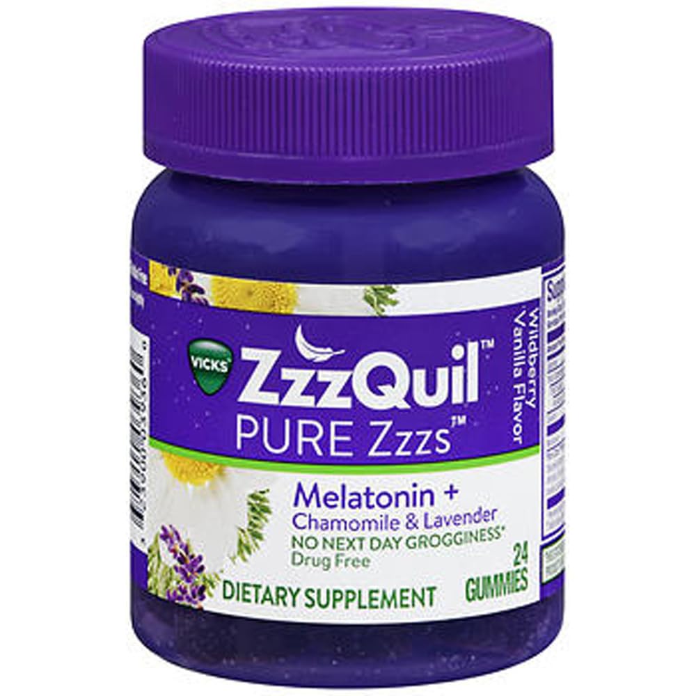 ZzzQuil Pure Zzzs Melatonin Gummies, Sleep Aid, Melatonin 2 mg, Chamomile & Lavender, Melatonin Sleep Gummies, Sleep Aids for Yetişkinler, Wildberry Vanilla Flavored, 24 Sleep Gummies