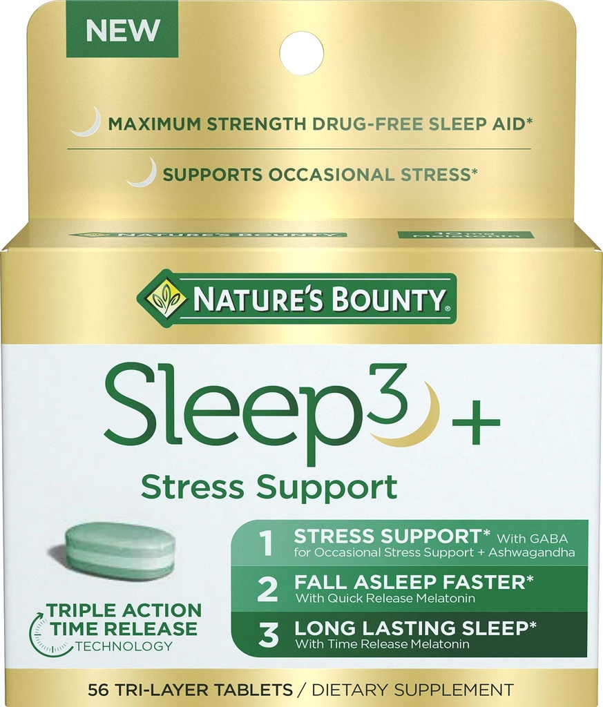 Nature's Bounty Stress Support Plus Melatonin, Sleep3 Maksimum Güçlü 100% Uyuşturucu Ücretsiz Uyku Yardımı, Ashwagandha ile Diyetsel Tamam, 10 mg, 56 Tri-Layered Tabletler