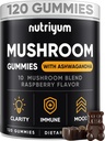 Mushroom Gummies 10 Blend 120 adet - Lions Mane, Ashwagandha, Türkiye Tail, Cordyceps, Chaga, Reishi Mushroom Kompleksi - Immune, Enerji, Clarity & Cognitive