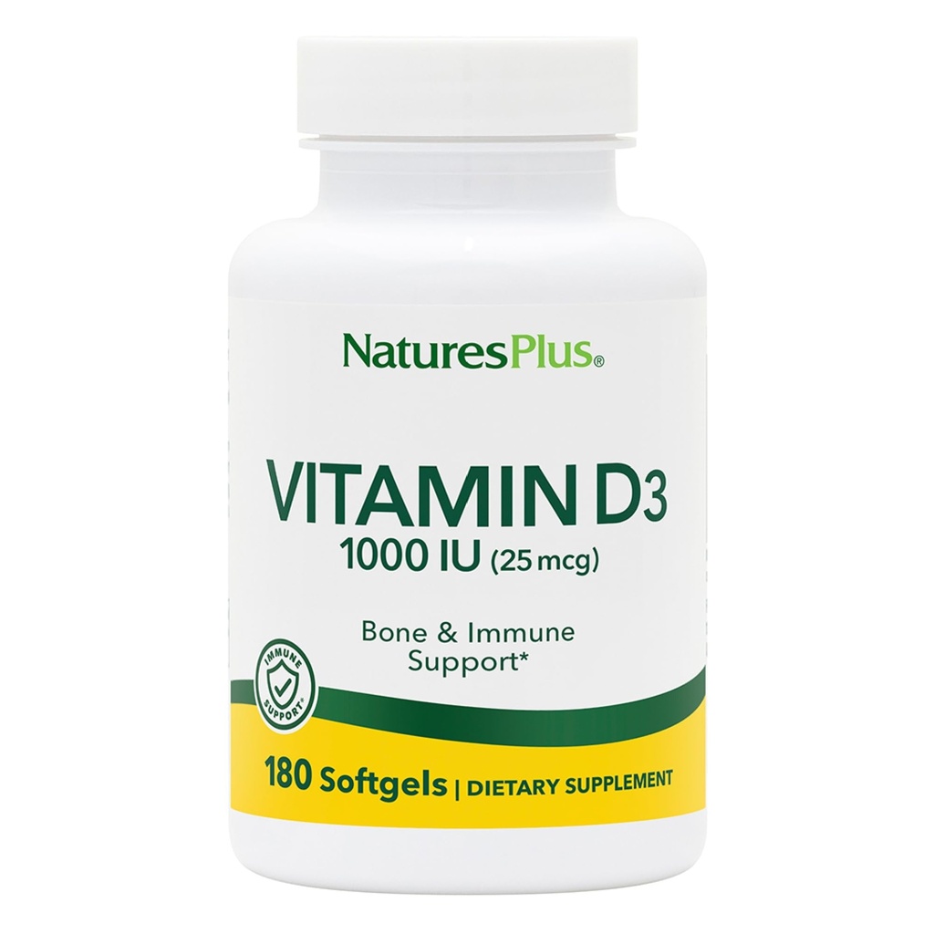 Natures Plus Vitamin D3 (Cloncalciferol) - 1000 iu, 180 Softgels - Sağlıklı Bones & Immune System Support - Bio available Active Form - Gluten-Free - 180 Servisler