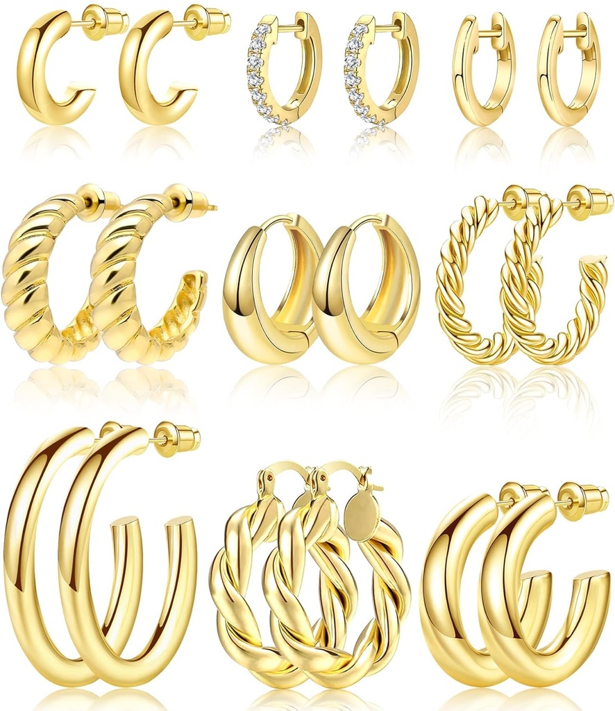 Adoyi 9 Pairs Gold Hoop Earrings Womens Twisted Huggie Hoops Earrings 14K 18K Gold Plated for Girls Valentines Mother's Day Birthday Armağan