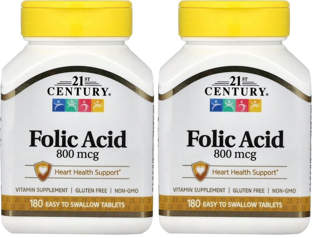 21. Yüzyıl 800 mcg Folic Asit Tabletleri, Assorted, 180 Kont (Pack of 2)