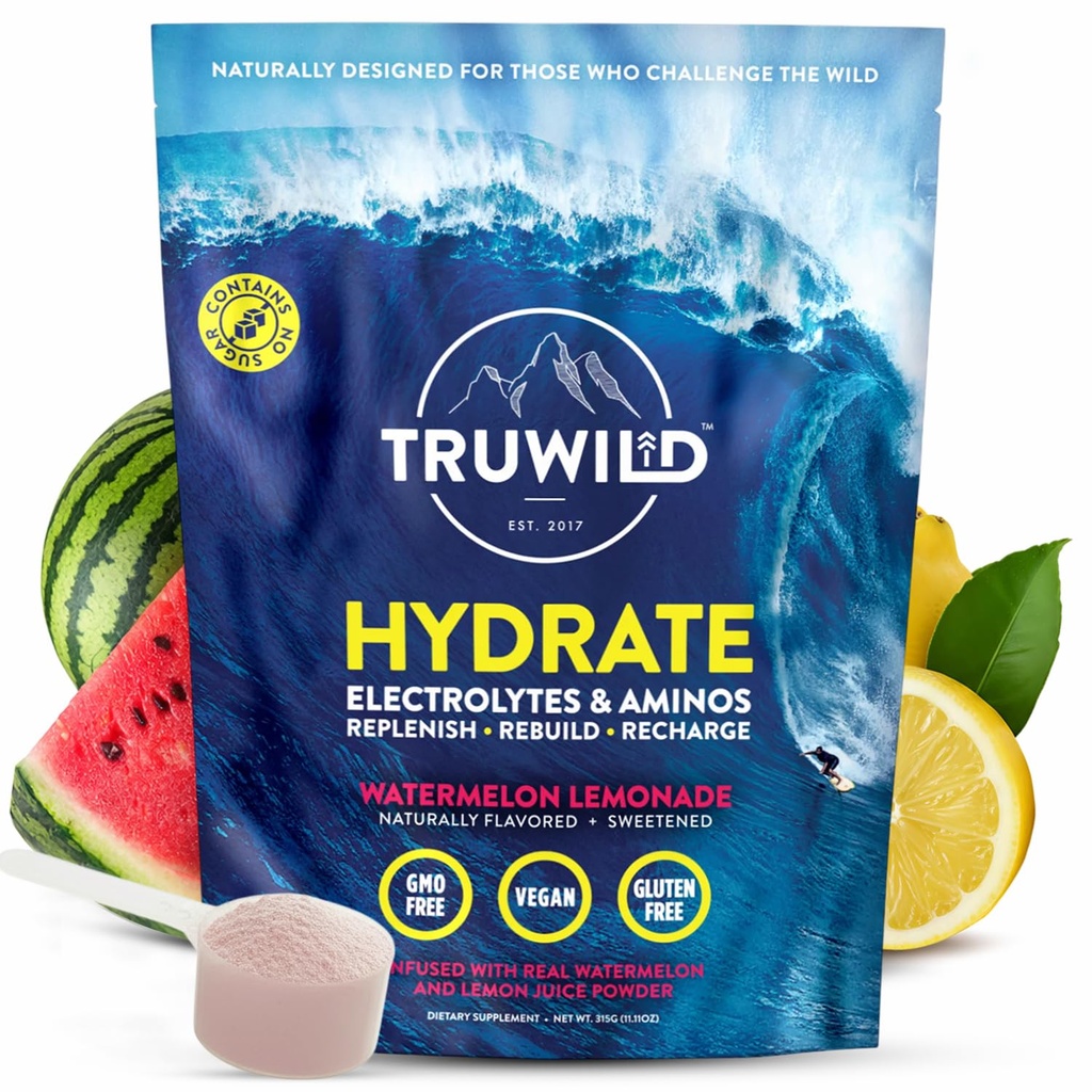 TruWild Natural Hydration Powder with Zero Sugar - Vegan Electrolytes + Amino Acids - Recovery Drink for Everyday Use – Post Workout Muscle Support Supplement w/Magnesium (Watermelon Lemonade)
