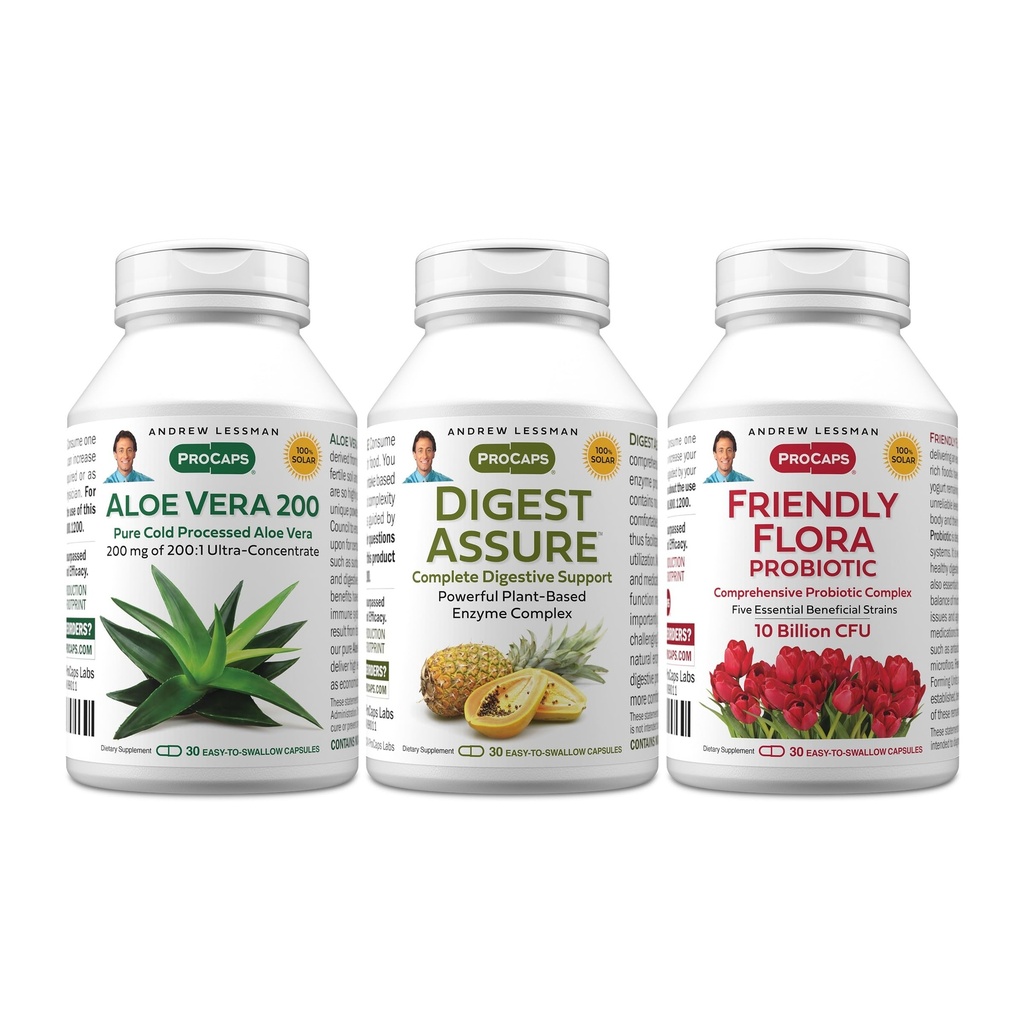 ANDREW LESSMAN Complete Digestion Kit – 90 Capsules – 3-Ürün Grafik: 30 Capsules Her Digest Assure, Aloe Vera-200 ve Friendly Flora Probiyotik, Hedeflenen Destek için Digestive System