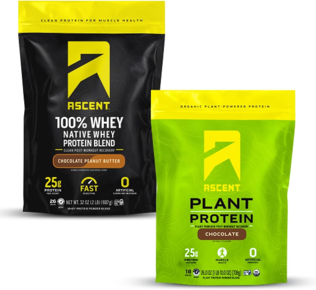 Ascent Whey + Plant Protein Toz - Chocolate Peanut Butter 2 lb & Chocolate 18 Hizmetler