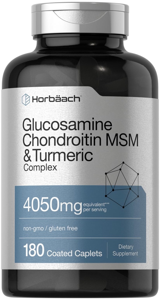 Horbäach Glucosamine Chondroitin MSM | 4050 mg | 180 Caplets | Turmeric | Triple Strength Formula | Non-GMO & Gluten Free Supplement Supplement
