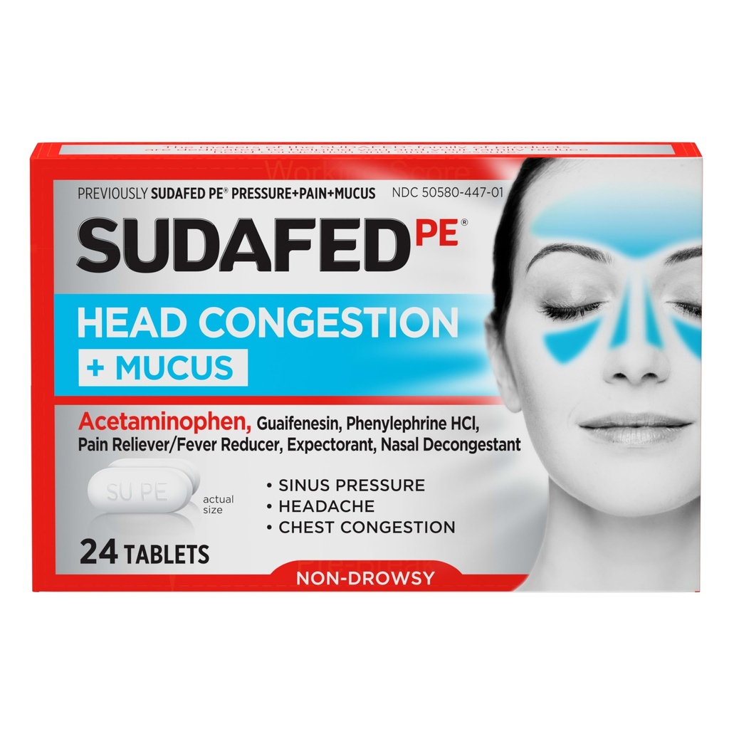 Sudafed PE Head Congestion Plus Mucus Relief Tablets for Sinus Pressure, Congestion and Headache, Non-Drowsy Decongestant with Acetaminophen, Guaifenesin, Phenylephrine HCI, 24 ct