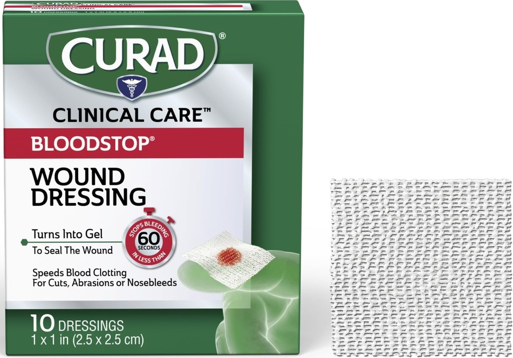 CURAD Blood Stop® Yara Giymek | 1" x 1" | Hemostatik Gauze Bleeding Rapid | For Cuts, Abrasions or Nosebleeds | 10 Count